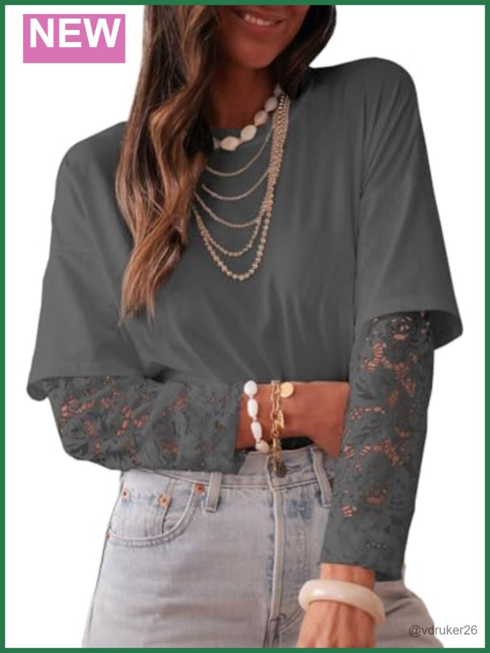 Women's Long Sleeve Lace Patchwork Crew Neck Casual T-Shirt
